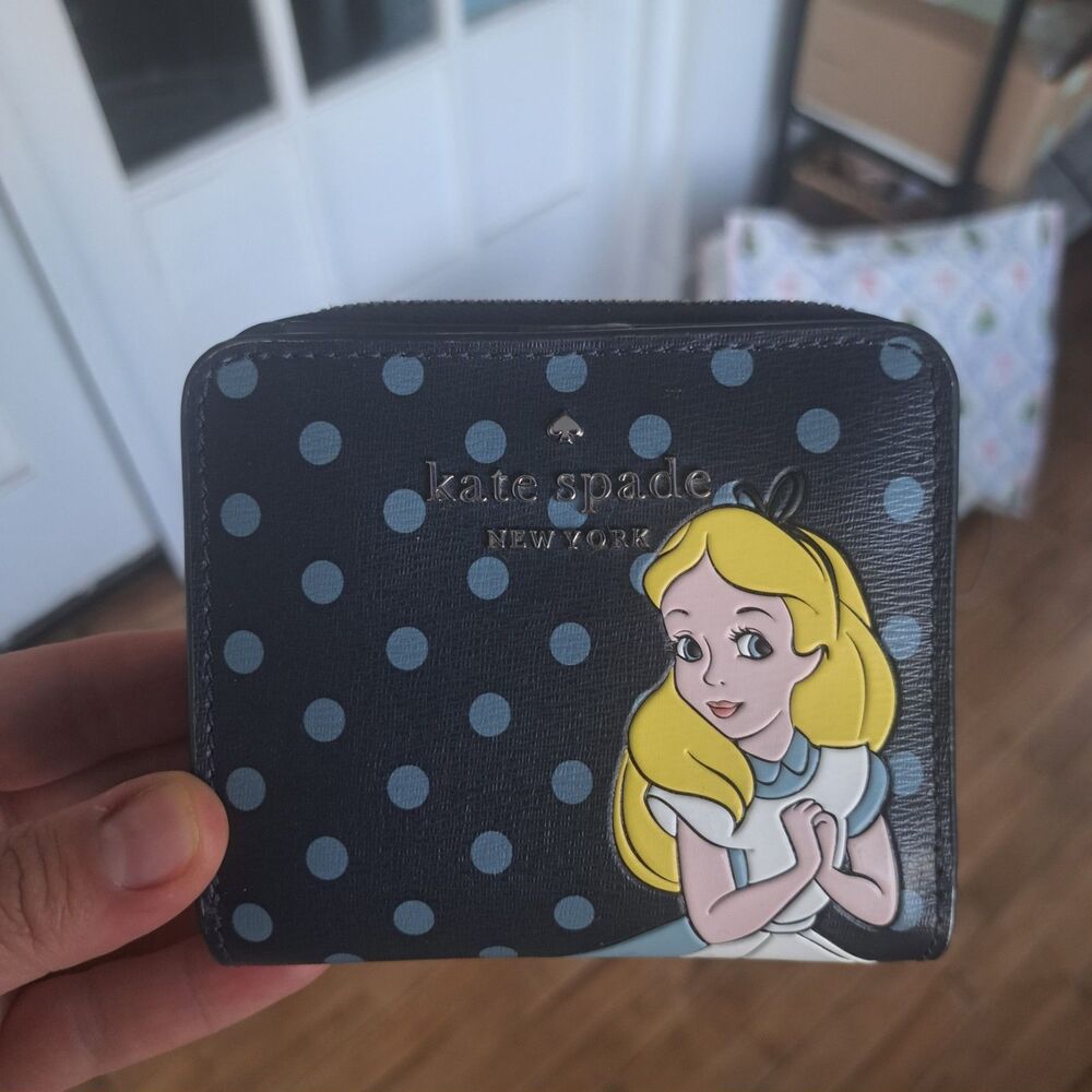 Disney Kate Spade Alice in Wonderland Zip Wallet Bifold Blue Polka Dot FLAW READ